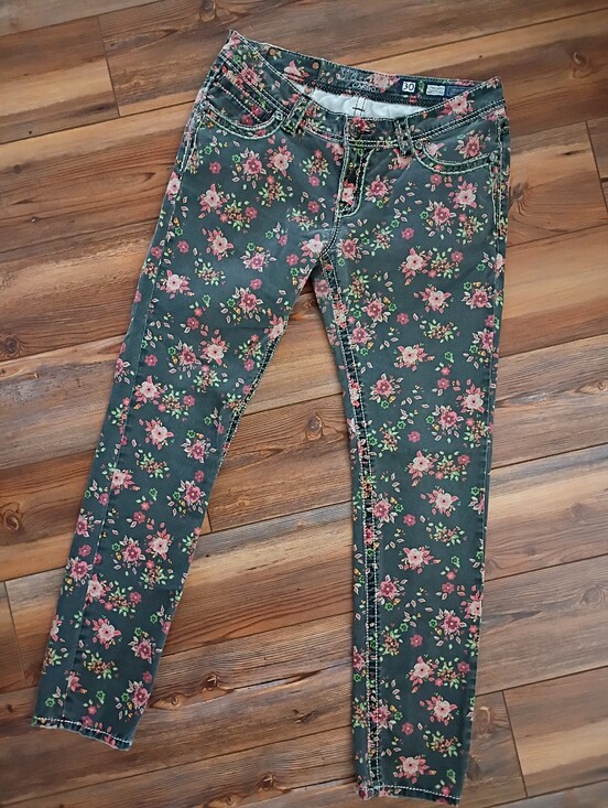 Miss Me Denim - Miss Me Green Skinny Jeans with Pink Floral Print
